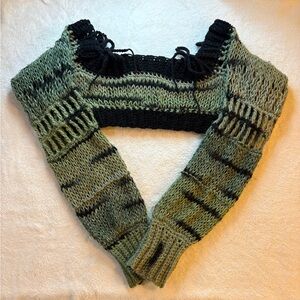 Handmade Crochet Shrug Top Long Sleeve Coverup Olive Green Knit Black Accents